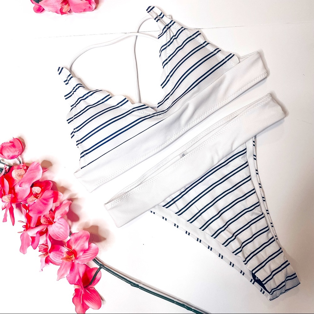 White and blue stripped high cut bikini